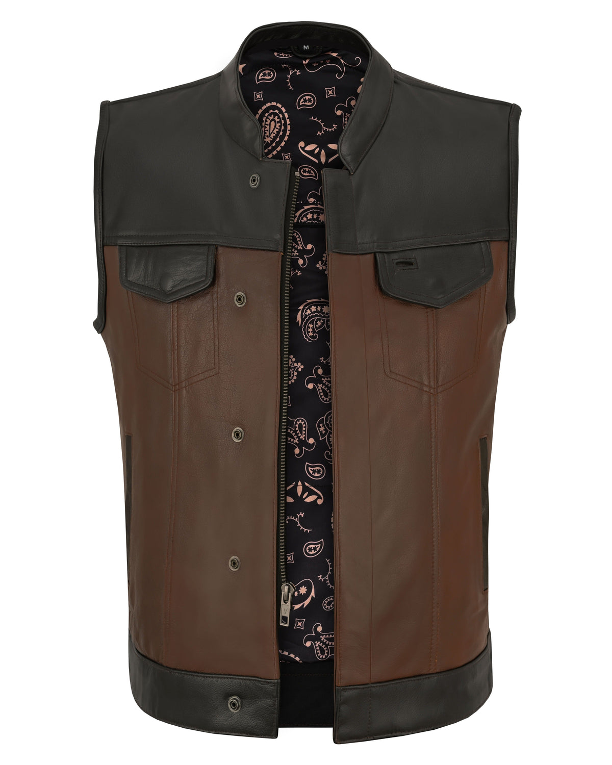Vance VL914BrP Men's Two-Tone Brown & Black Leather Motorcycle Riding Club Vest with Paisley Liner & CCW Pockets - front open