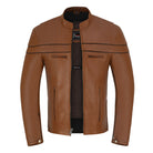 Men's Cognac Brown Premium Cowhide Cafe Racer Leather Motorcycle Jacket with Zipper Vents - Main