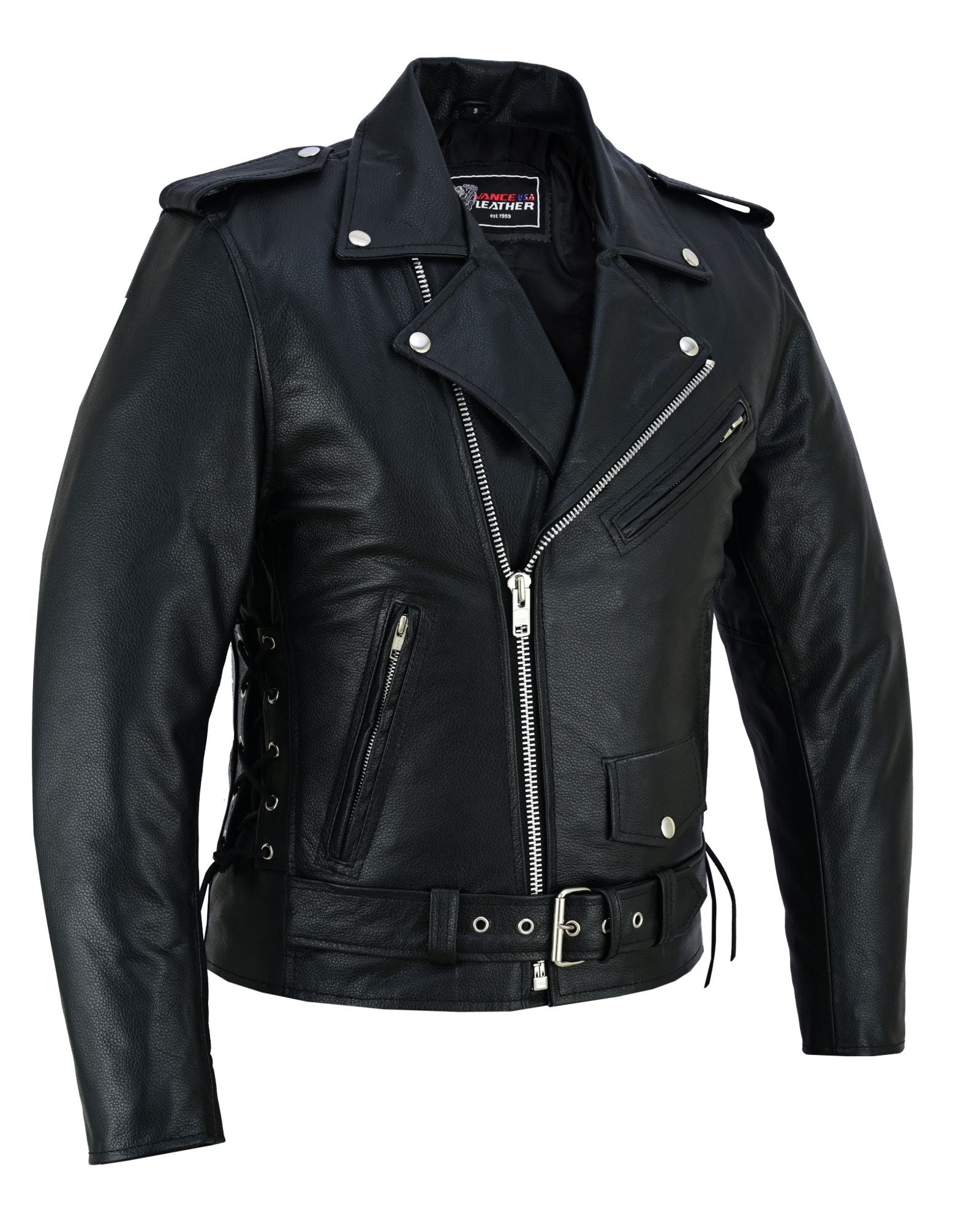 Men's Black Leather Motorcycle Jacket w/ Side Lace & Belt | TM