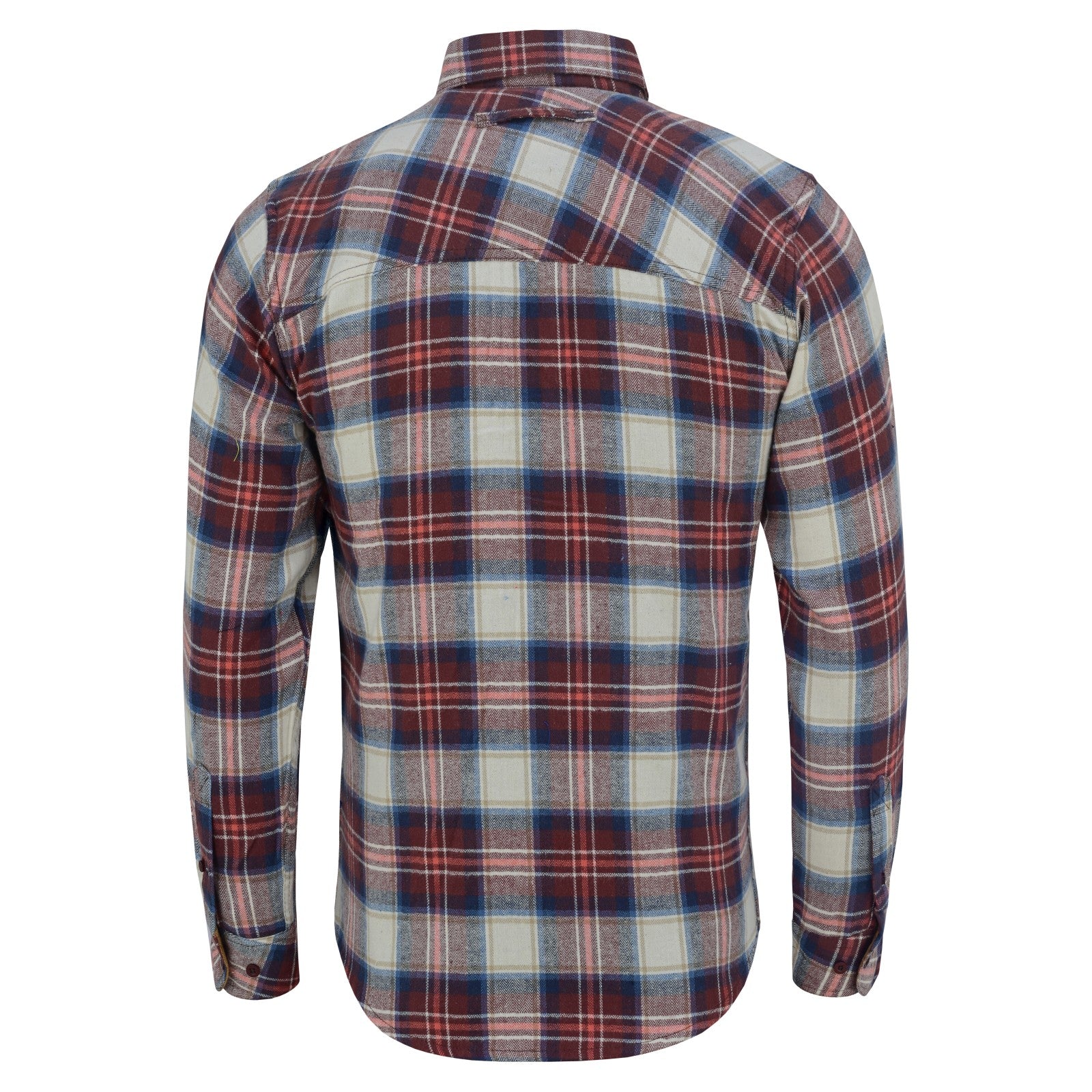 mens-merlot-long-sleeve-plaid-button-down-casual-flannel-shirt-corduroy-collar-cuffs-back-view
