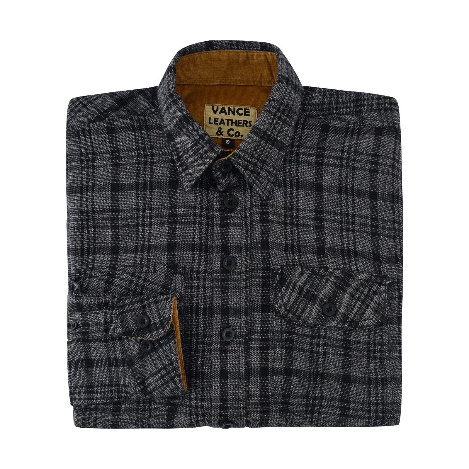 mens-dark-truffle-long-sleeve-plaid-button-down-casual-flannel-shirt-corduroy-collar-cuffs-folded
