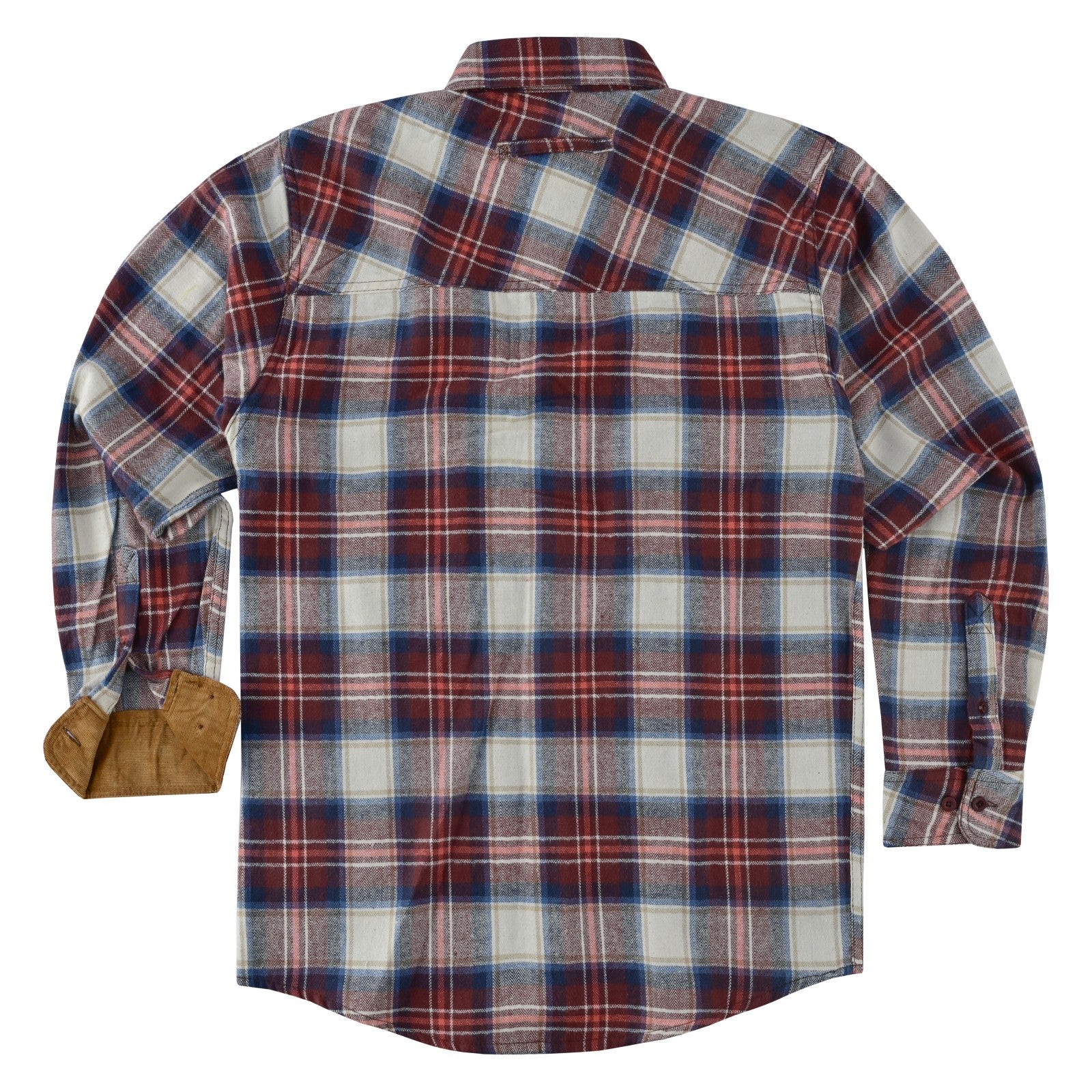 mens-merlot-long-sleeve-plaid-button-down-casual-flannel-shirt-corduroy-collar-cuffs-flat-back-view
