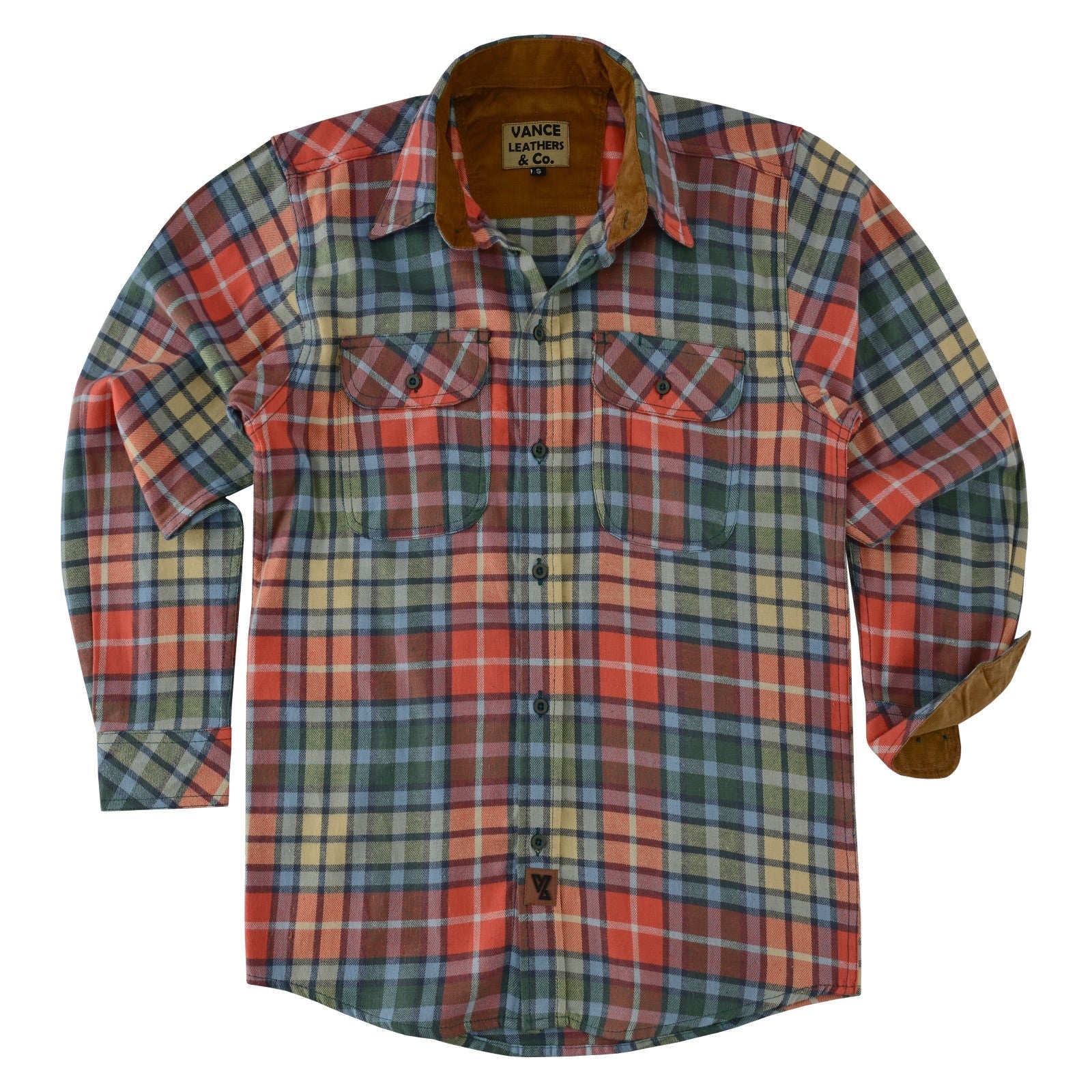 mens-ember-color-long-sleeve-plaid-button-down-casual-flannel-shirt-corduroy-collar-cuffs-flat-front-view