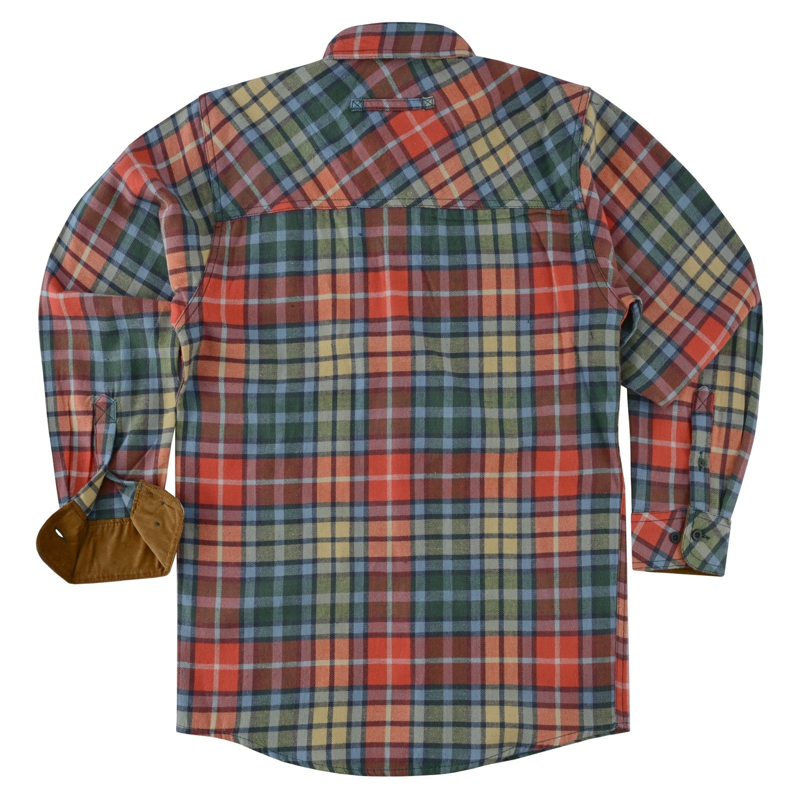 mens-ember-color-long-sleeve-plaid-button-down-casual-flannel-shirt-corduroy-collar-cuffs-flat-back-view