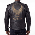 Mens Eagle Embossed Live To Ride - Ride To Live Classic Black Leather Motorcycle Jacket - Gold