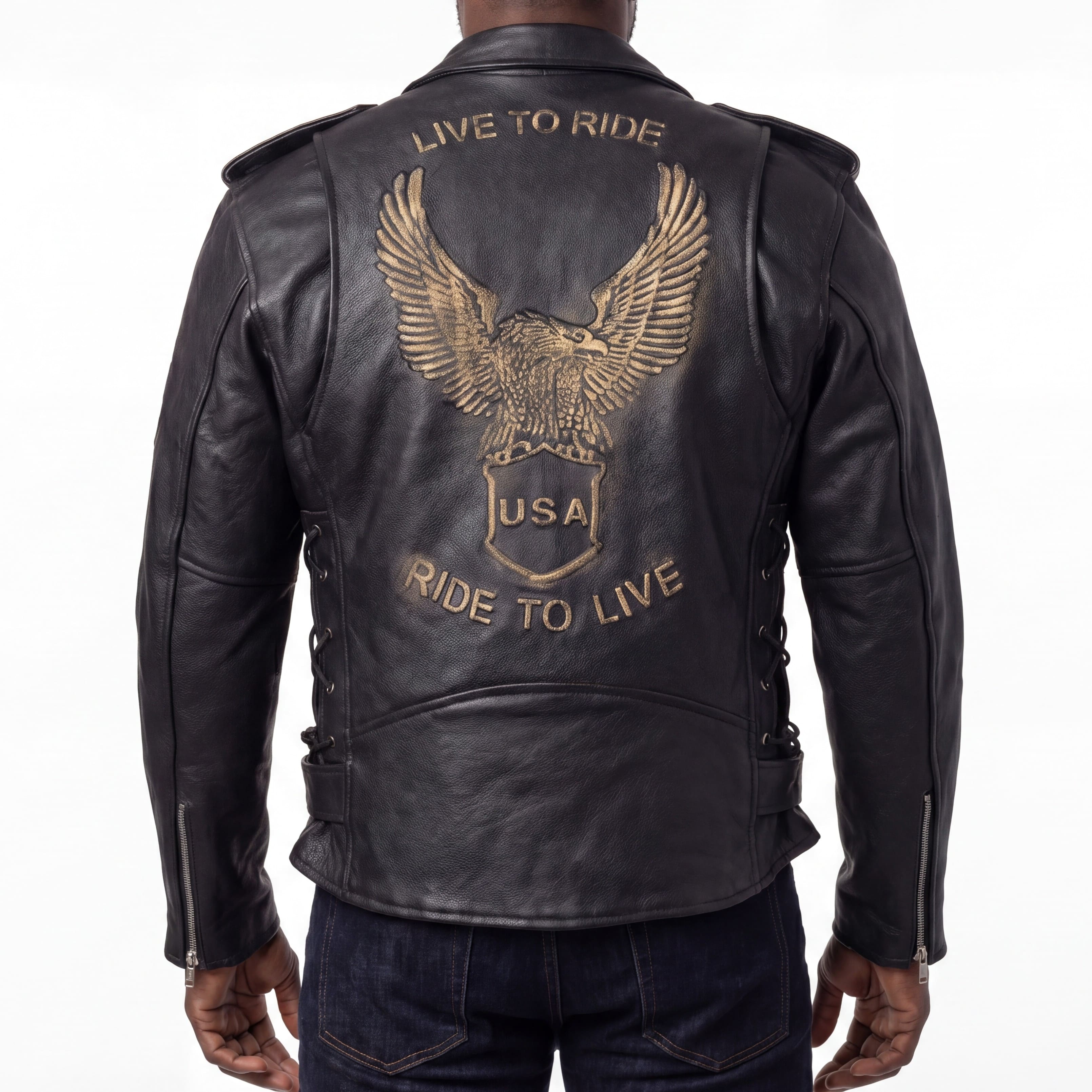Mens Eagle Embossed Live To Ride - Ride To Live Classic Black Leather Motorcycle Jacket - Gold