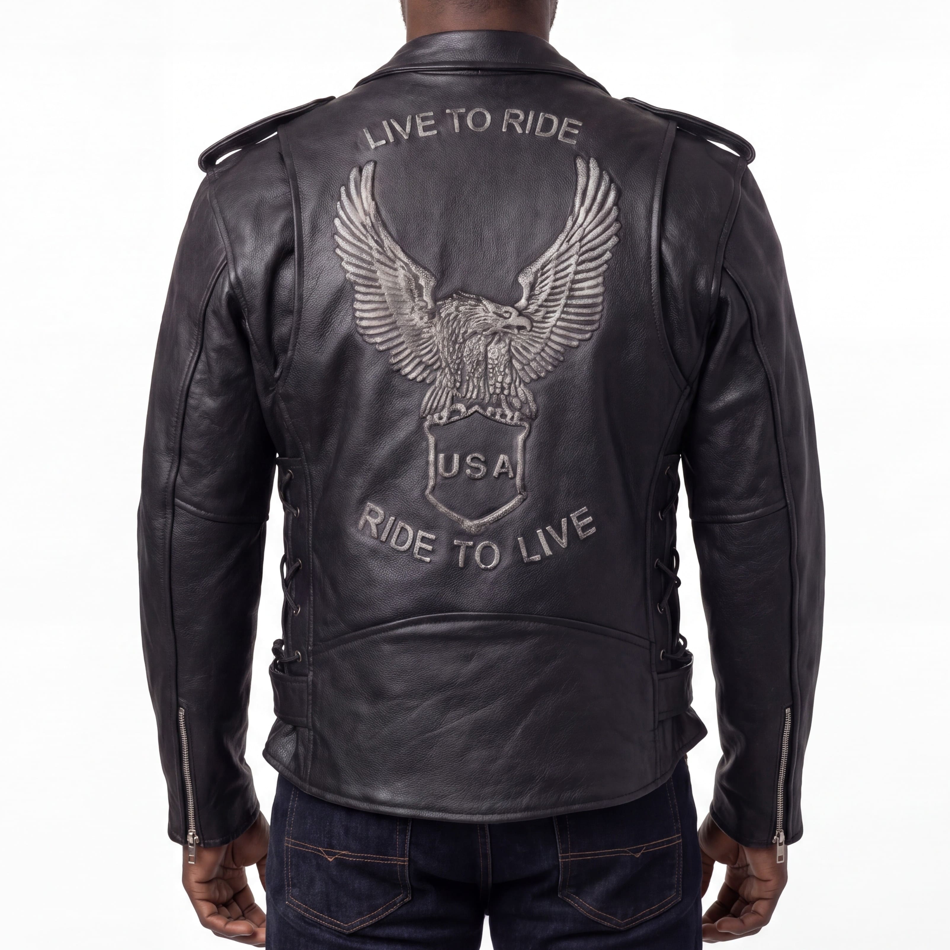 Mens Eagle Embossed Live To Ride - Ride To Live Classic Black Leather Motorcycle Jacket - Silver