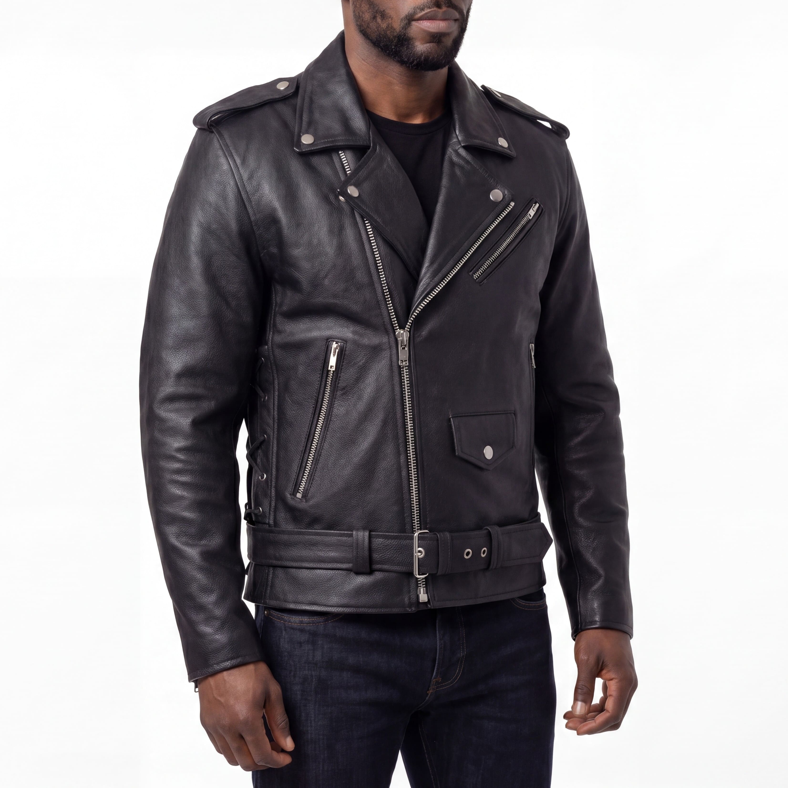 Mens Eagle Embossed Live To Ride - Ride To Live Classic Black Leather Motorcycle Jacket - Side
