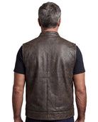 High Mileage Mens Premium Cowhide Distressed Brown SOA Style Biker Club Leather Motorcycle Vest back pose