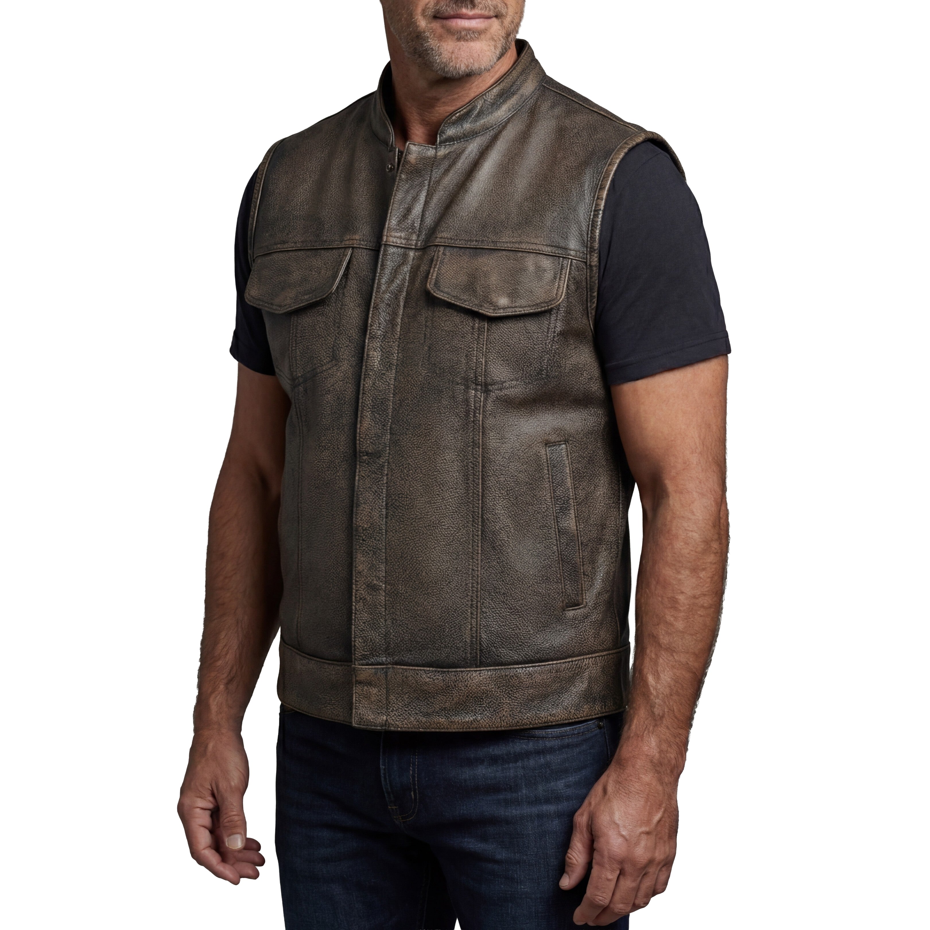 High Mileage Mens Premium Cowhide Distressed Brown SOA Style Biker Club Leather Motorcycle Vest - side pose