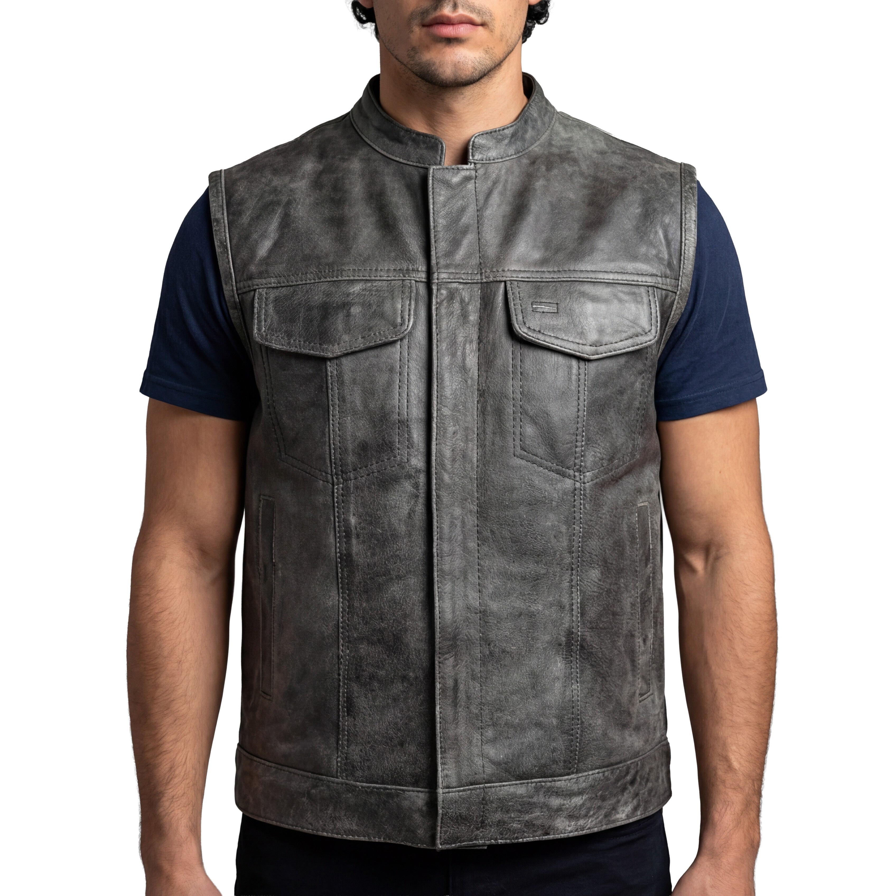 High Mileage Mens Premium Cowhide Distressed Gray SOA Style Biker Club Leather Motorcycle Vest - front pose
