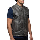 High Mileage Mens Premium Cowhide Distressed Gray SOA Style Biker Club Leather Motorcycle Vest - side pose
