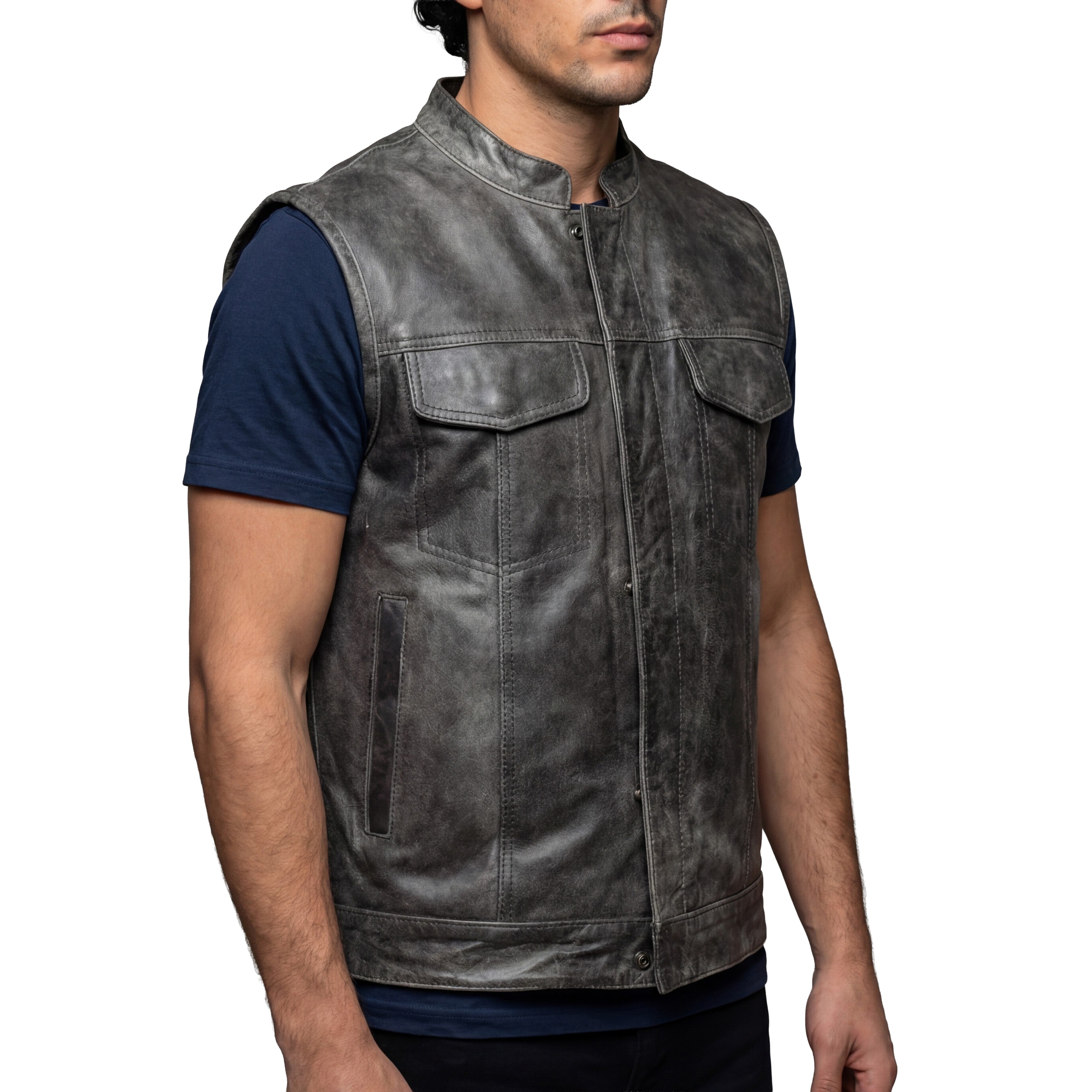 High Mileage Mens Premium Cowhide Distressed Gray SOA Style Biker Club Leather Motorcycle Vest - side pose