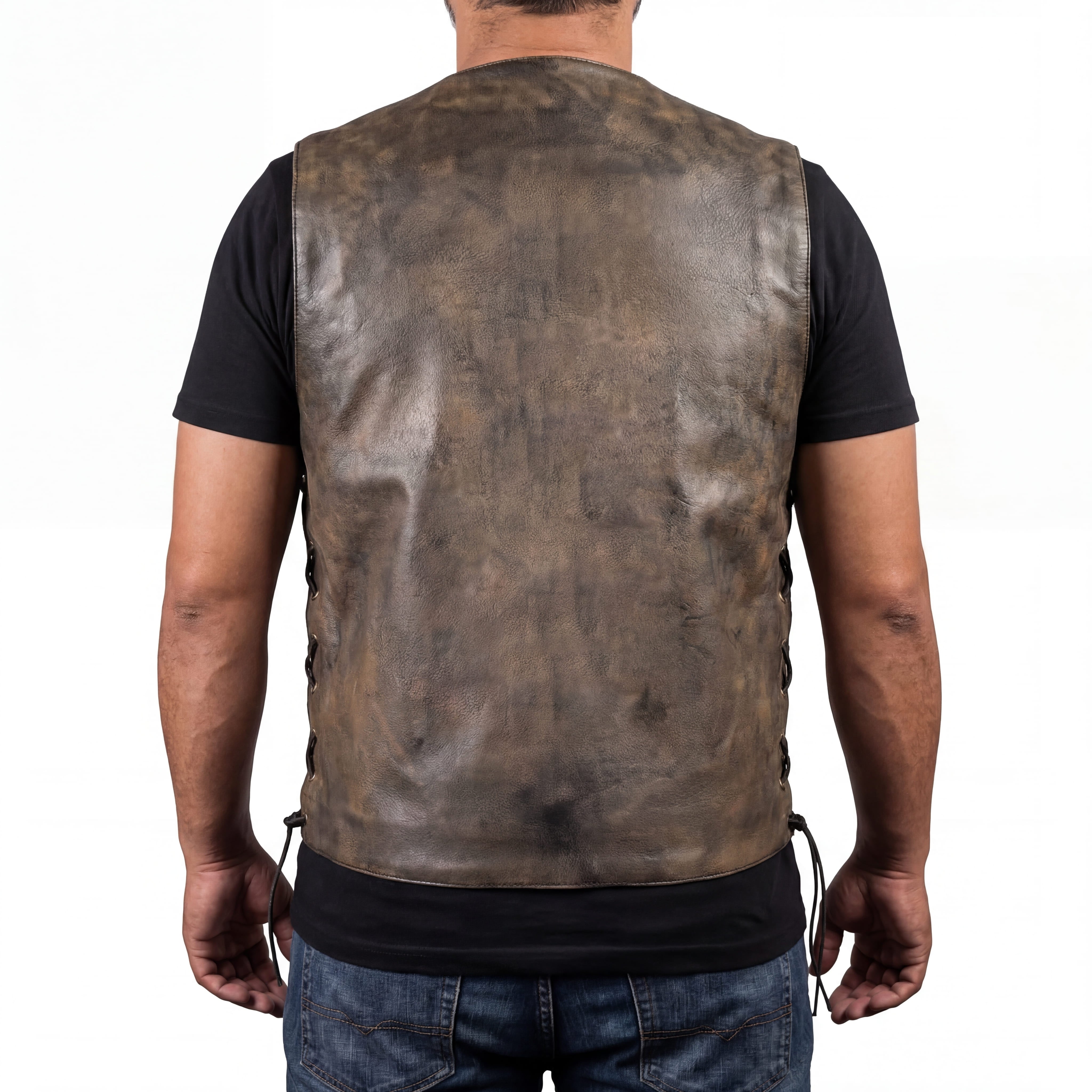 High Mileage HMM915DB Mens Distressed Brown Premium Cowhide Ten Pocket Leather Motorcycle Vest back pose
