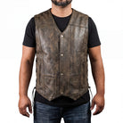 High Mileage HMM915DB Mens Distressed Brown Premium Cowhide Ten Pocket Leather Motorcycle Vest front pose