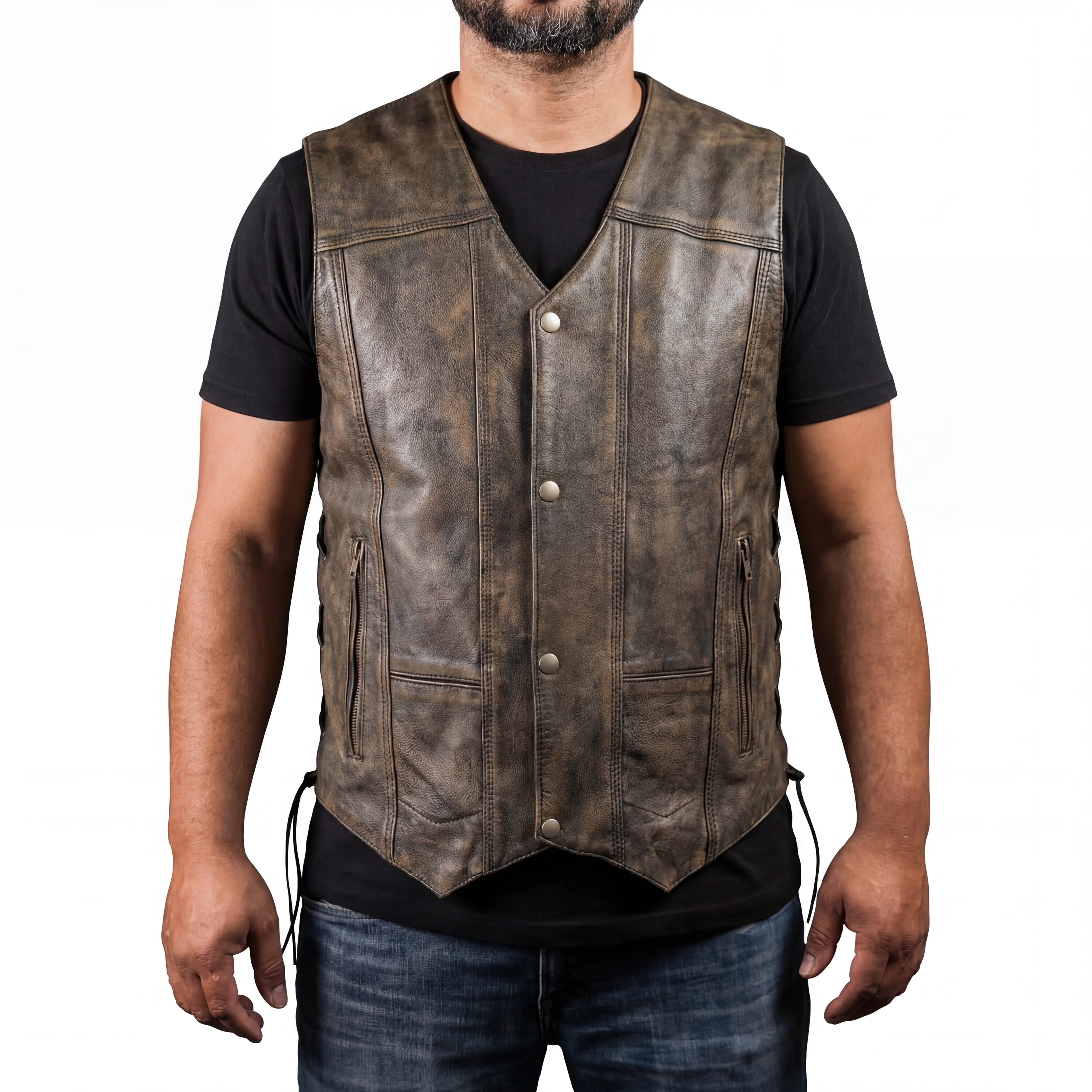High Mileage HMM915DB Mens Distressed Brown Premium Cowhide Ten Pocket Leather Motorcycle Vest front pose