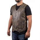 High Mileage HMM915DB Mens Distressed Brown Premium Cowhide Ten Pocket Leather Motorcycle Vest side pose