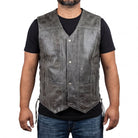 High Mileage Men's Distressed Gray Premium Cowhide Ten Pocket Leather Motorcycle Vest front pose