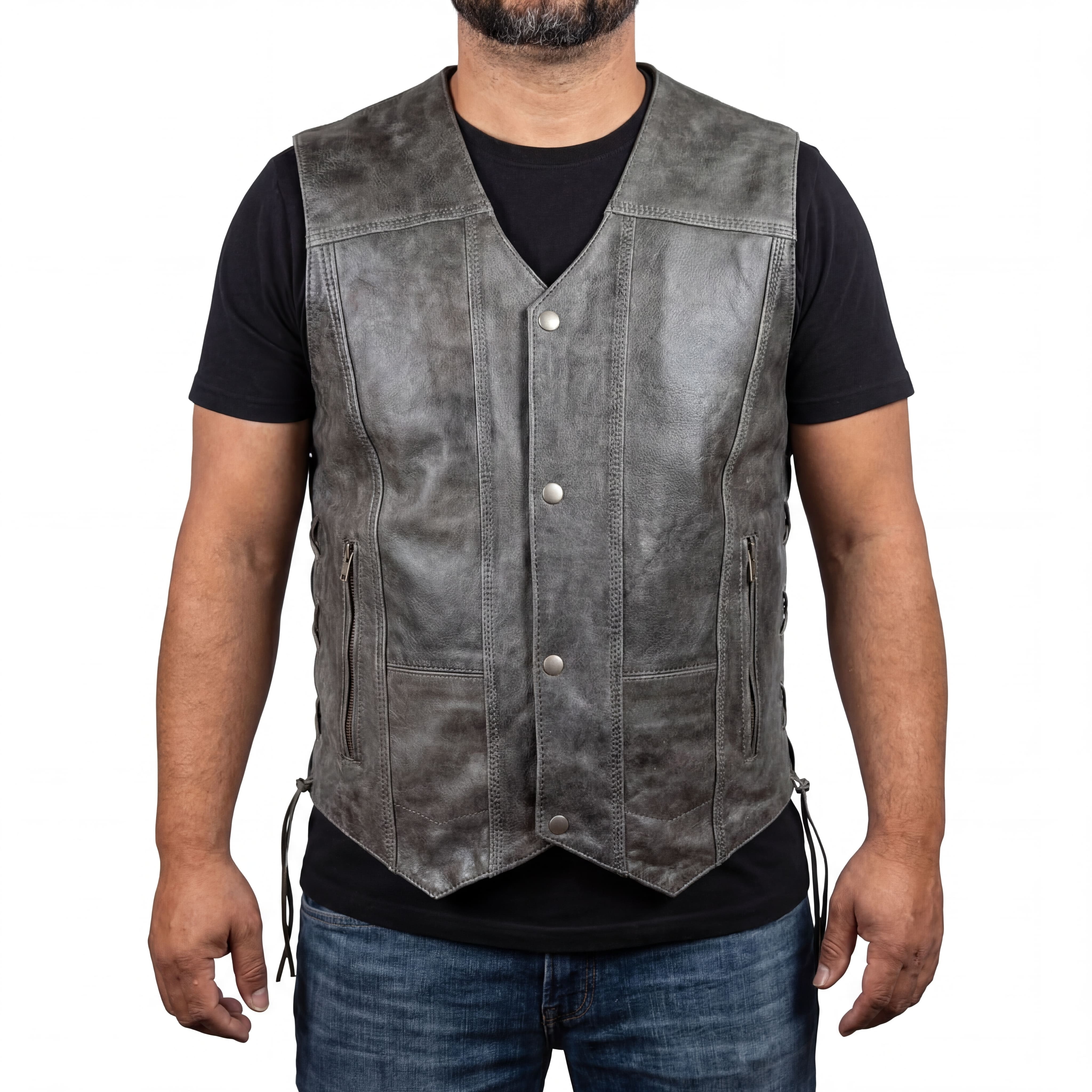 High Mileage Men's Distressed Gray Premium Cowhide Ten Pocket Leather Motorcycle Vest front pose