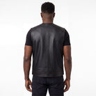 High Mileage Men's Black Premium Cowhide Leather SOA Style Club Vest With Quick Access Conceal Carry Pocket and Red Liner back pose