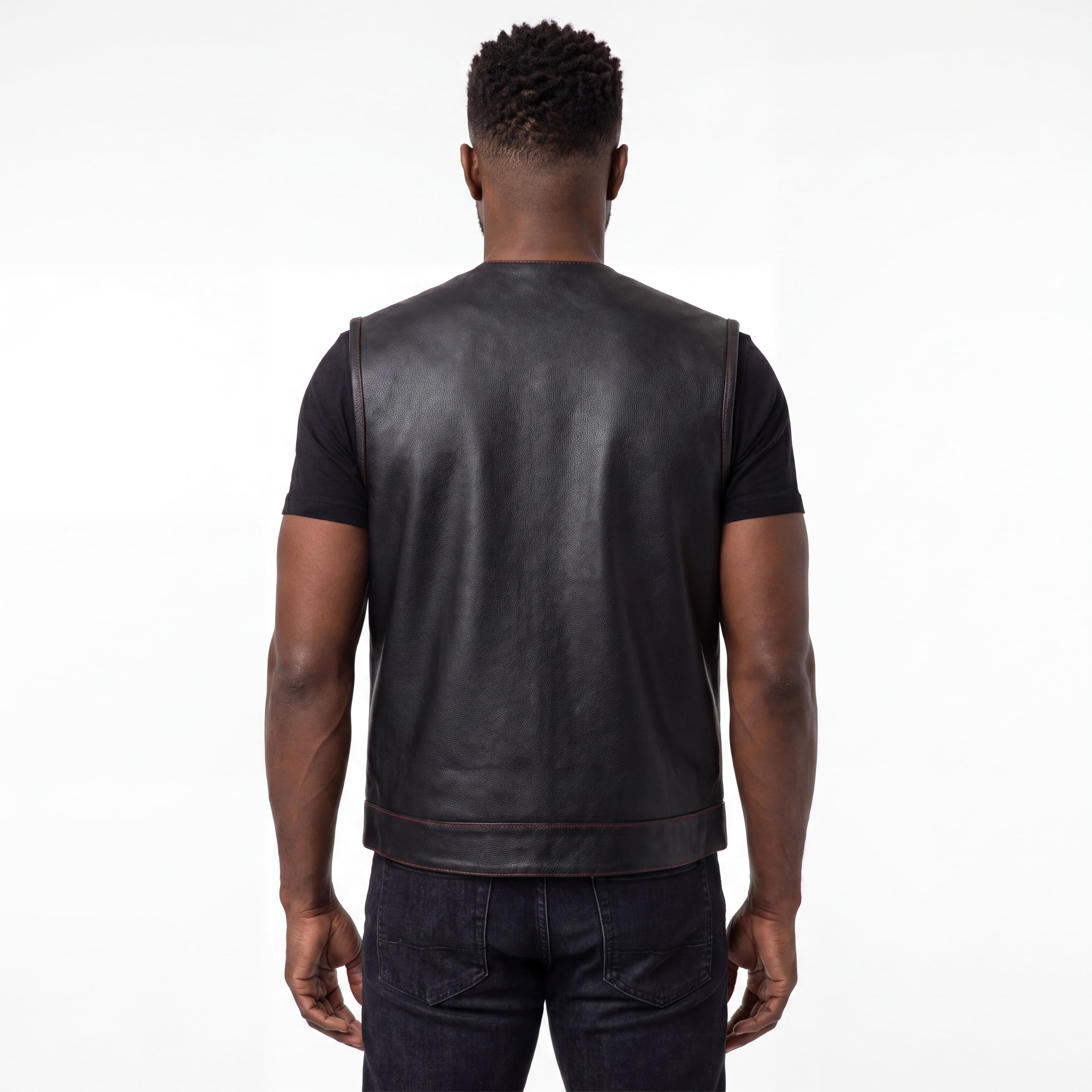 High Mileage Men's Black Premium Cowhide Leather SOA Style Club Vest With Quick Access Conceal Carry Pocket and Red Liner back pose