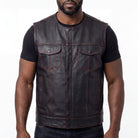High Mileage Men's Black Premium Cowhide Leather SOA Style Club Vest With Quick Access Conceal Carry Pocket and Red Liner front pose