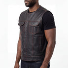 High Mileage Men's Black Premium Cowhide Leather SOA Style Club Vest With Quick Access Conceal Carry Pocket and Red Liner side pose