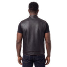 High Mileage Men's Zipper and Snap Closure Collarless Leather Club Vest with American Flag Liner and Red Stitching Back Pose