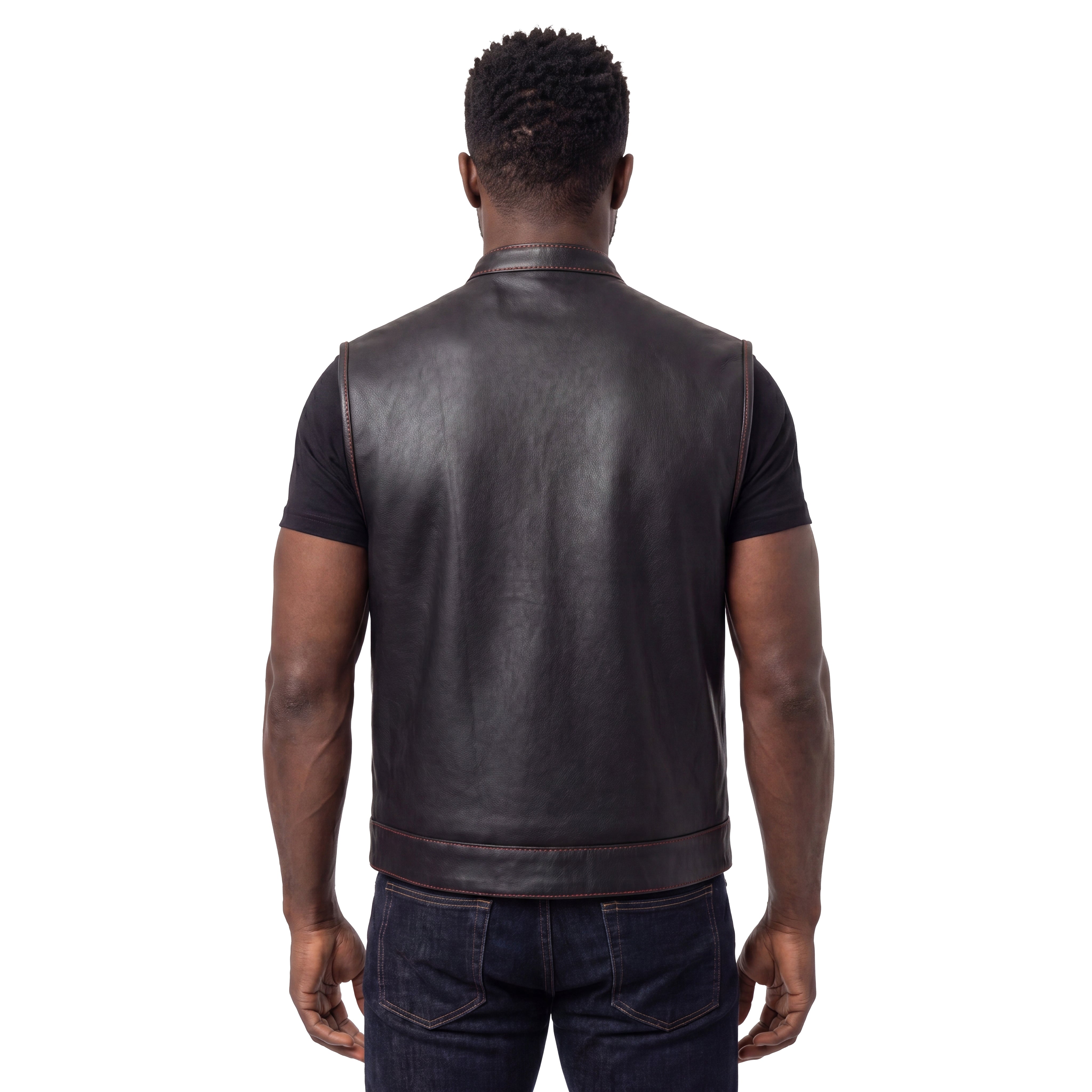 High Mileage Men's Zipper and Snap Closure Collarless Leather Club Vest with American Flag Liner and Red Stitching Back Pose