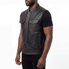 High Mileage Men's Zipper and Snap Closure Collarless Leather Club Vest with American Flag Liner and Red Stitching Side Pose
