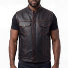 High Mileage Men's Zipper and Snap Closure Collarless Leather Club Vest with American Flag Liner and Red Stitching Front Pose