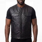 High Mileage Mens Zipper and Snap Closure Collarless Club Vest with American Flag Liner - front pose