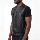 High Mileage Mens Zipper and Snap Closure Collarless Club Vest with American Flag Liner - side pose