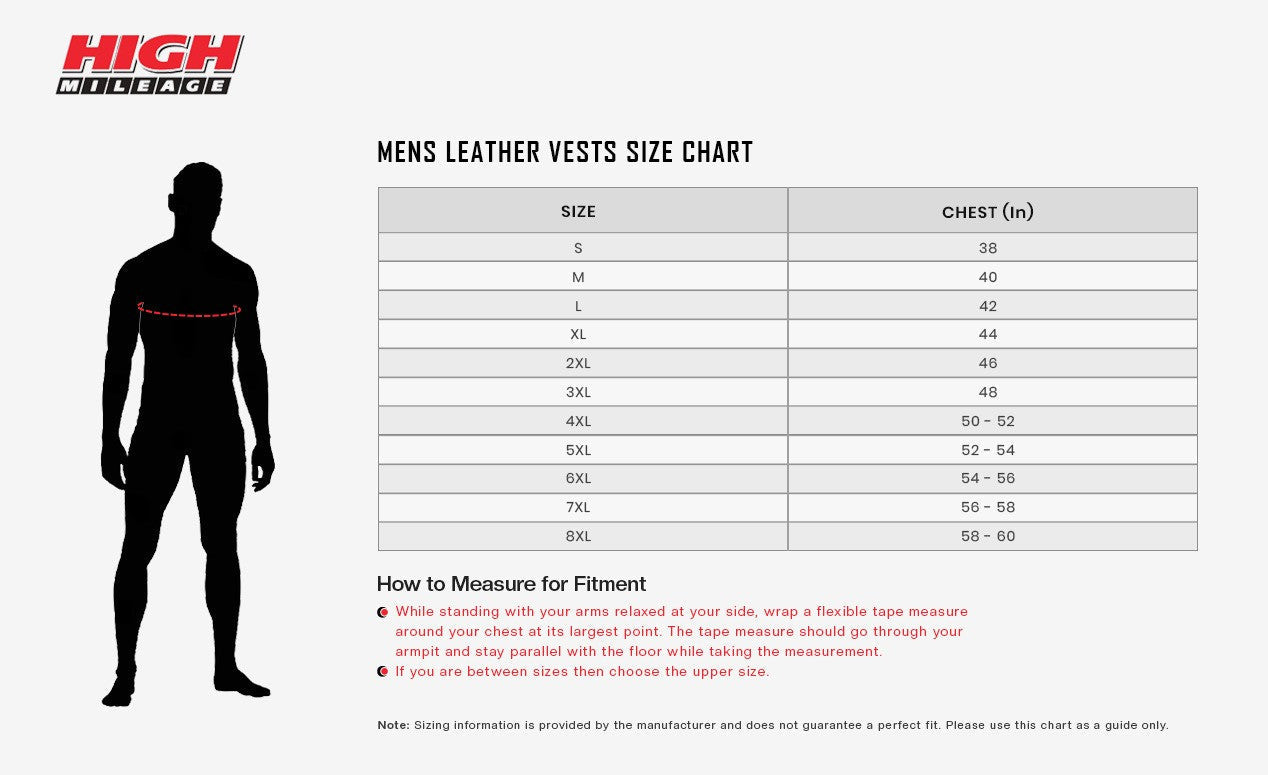 High-Mileage-HMM924R-Men's-Zipper-Snap-Closure-Collarles-Leather-Club-Vest-American-Flag-Liner-Red-Stitching-size-chart