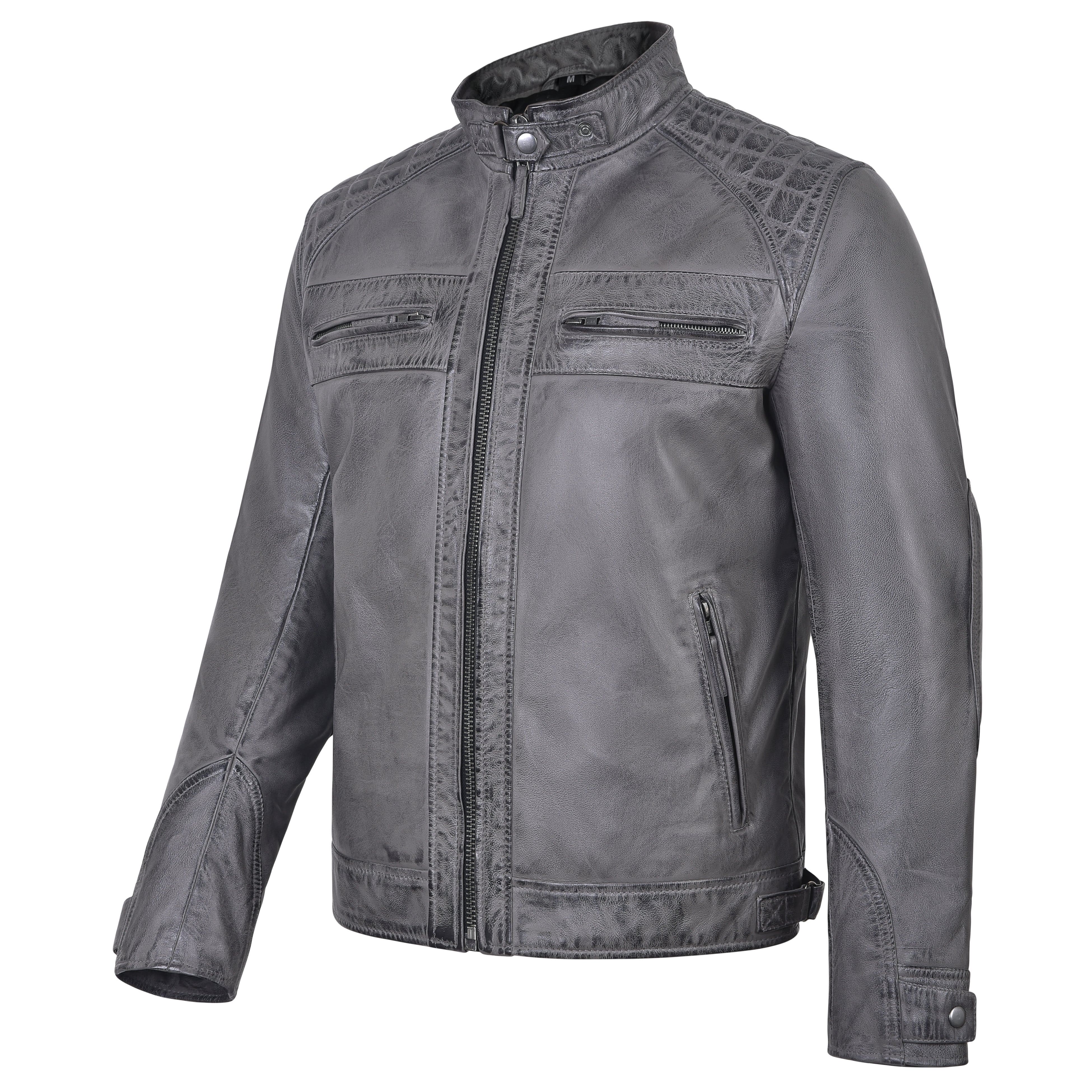 Men's Cafe Racer Waxed Lambskin Distressed Grey Motorcycle Leather Jacket - side
