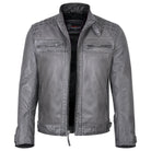 Men's Cafe Racer Waxed Lambskin Distressed Grey Motorcycle Leather Jacket - front zipper open
