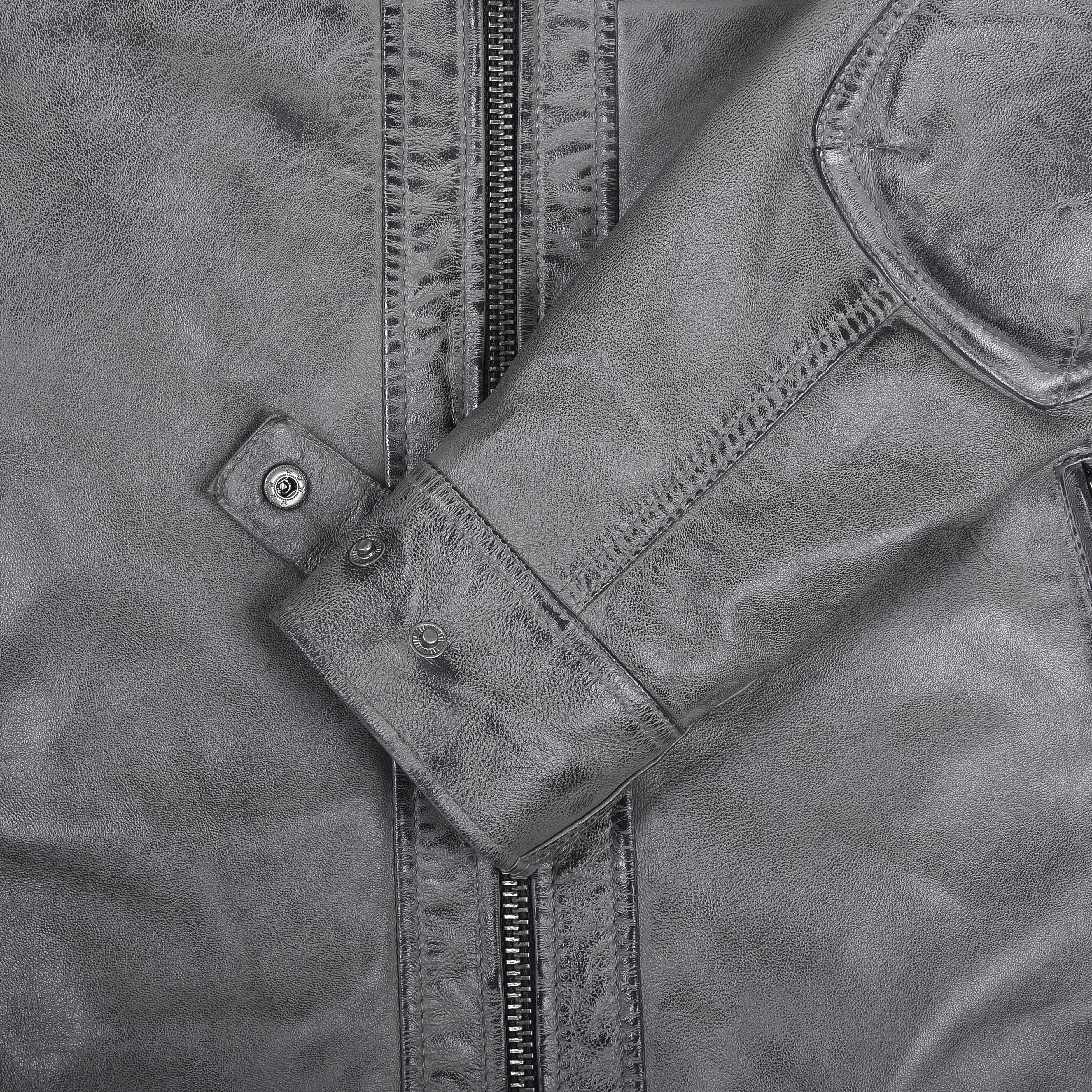 Men's Cafe Racer Waxed Lambskin Distressed Grey Motorcycle Leather Jacket - cuff