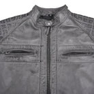 Men's Cafe Racer Waxed Lambskin Distressed Grey Motorcycle Leather Jacket - front chest pocket