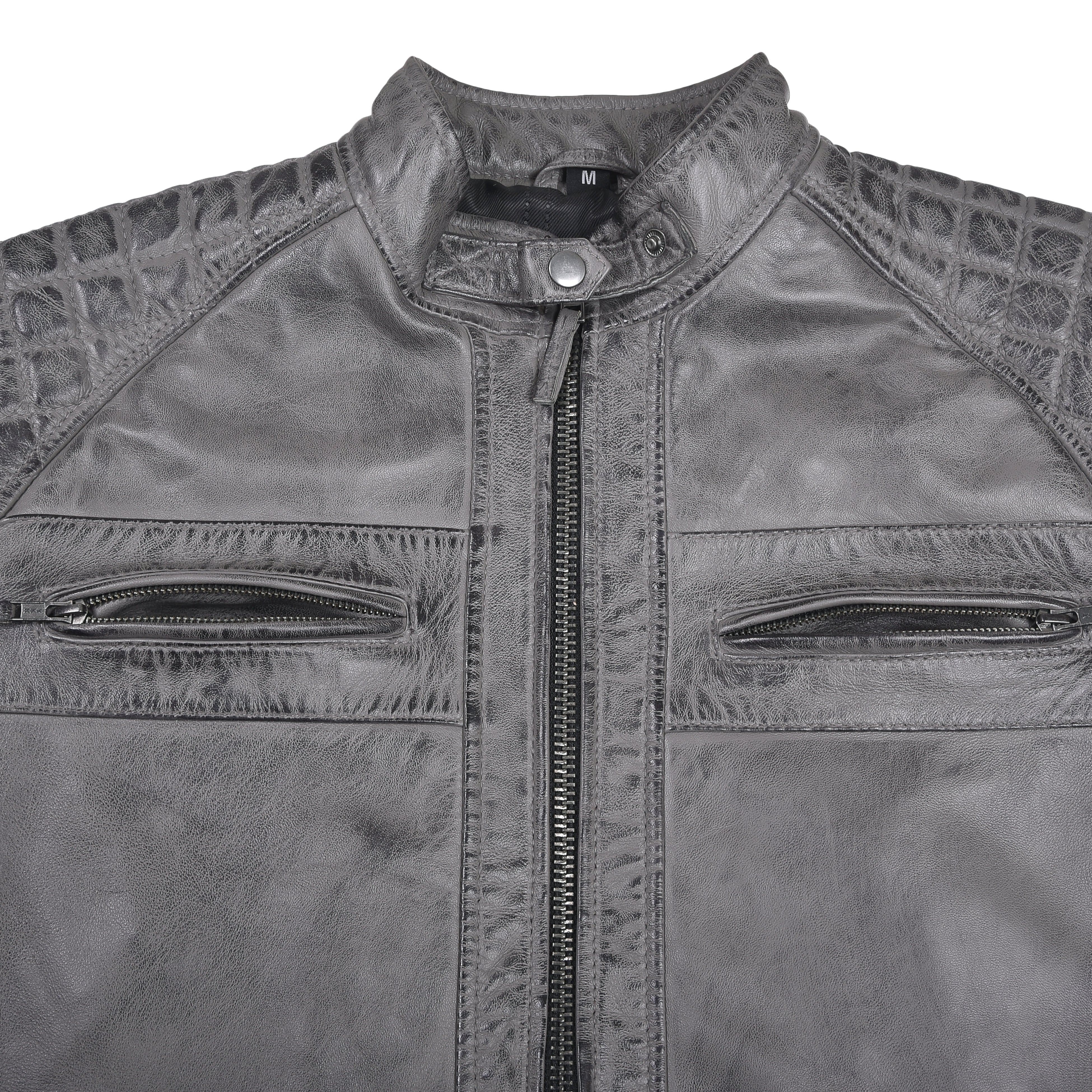 Men's Cafe Racer Waxed Lambskin Distressed Grey Motorcycle Leather Jacket - front chest pocket
