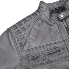 Men's Cafe Racer Waxed Lambskin Distressed Grey Motorcycle Leather Jacket - detail pic