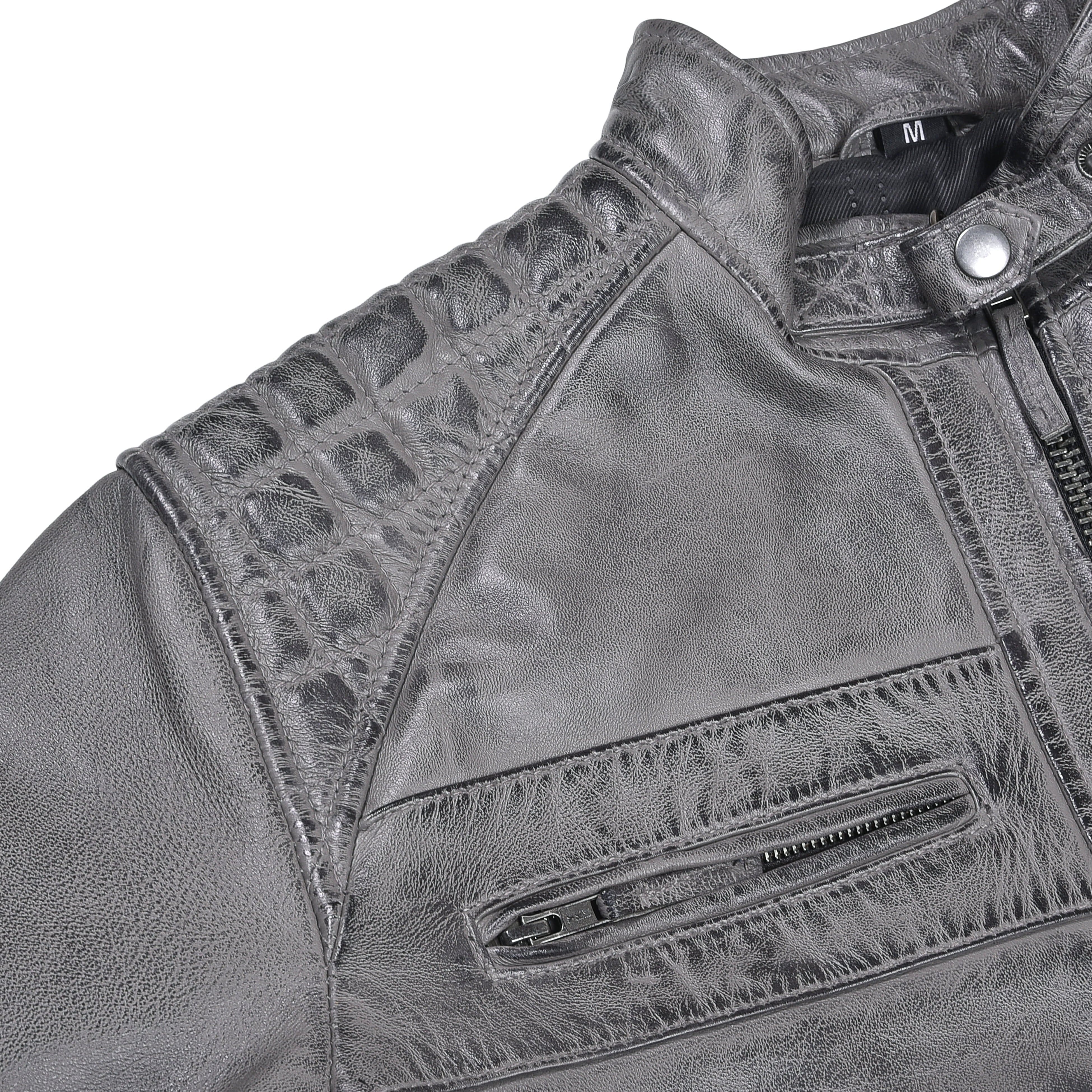 Men's Cafe Racer Waxed Lambskin Distressed Grey Motorcycle Leather Jacket - detail pic