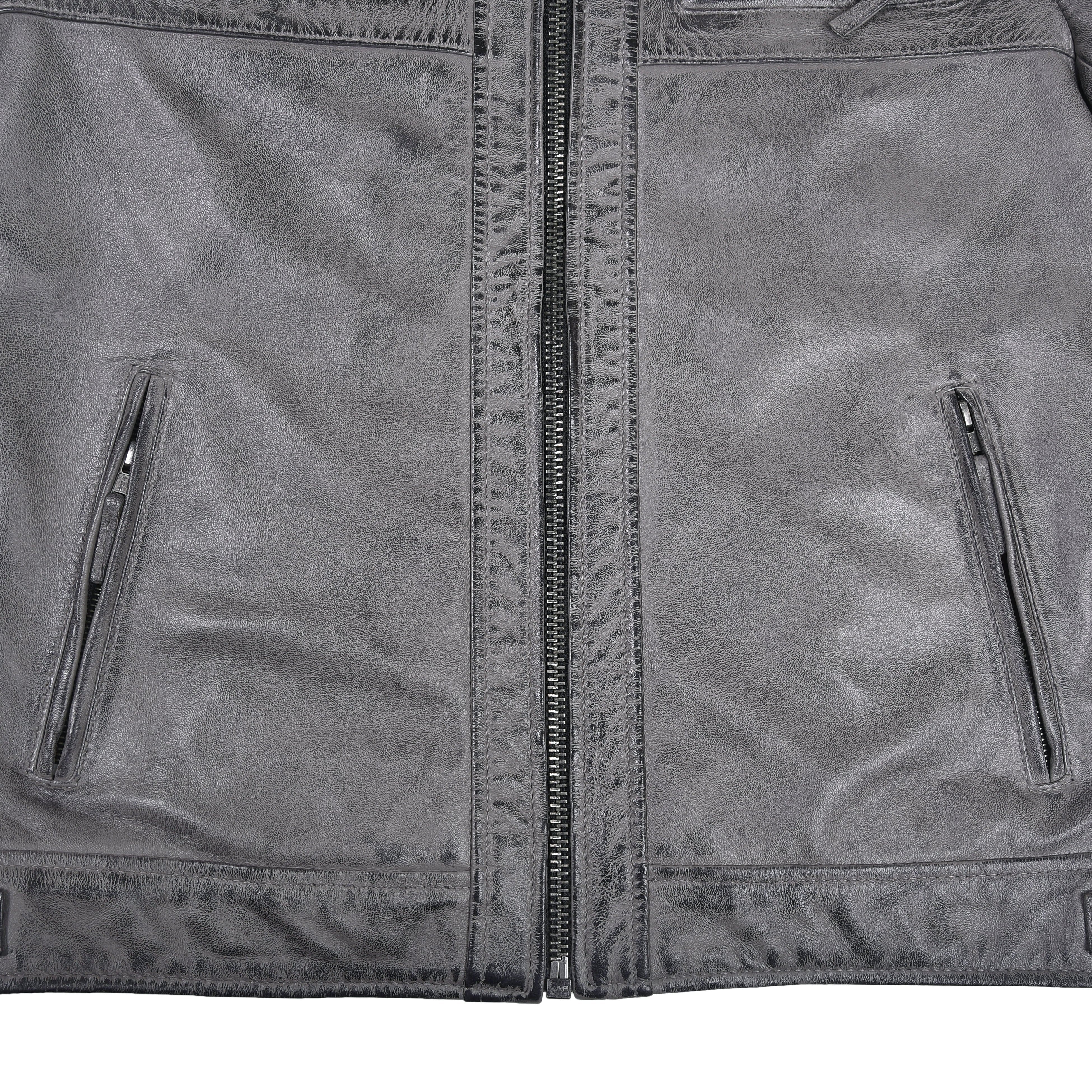 Men's Cafe Racer Waxed Lambskin Distressed Grey Motorcycle Leather Jacket - hand pocket