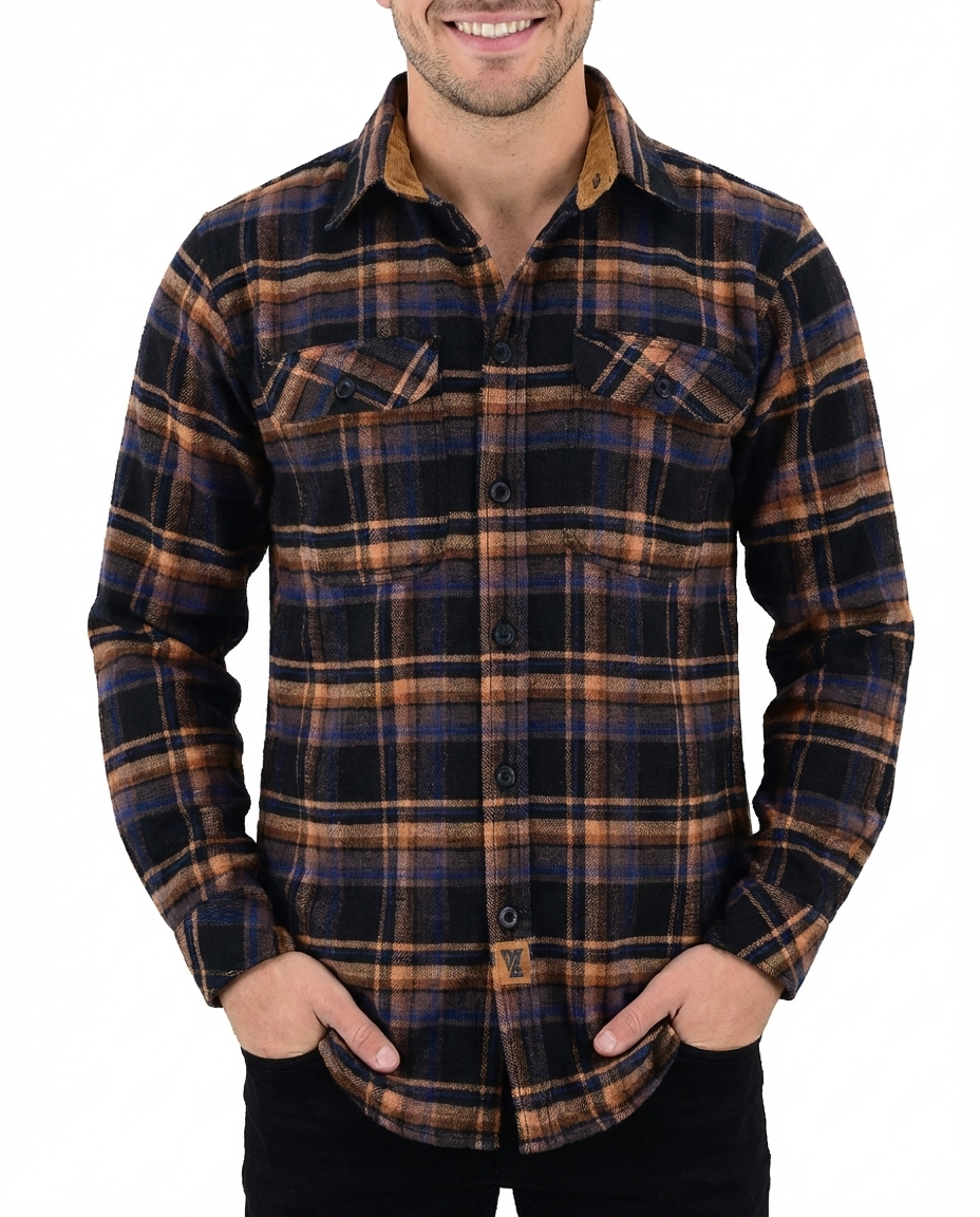 Men's Midnight Rust Long Sleeve Plaid Button Down Casual Flannel Shirt - Pic