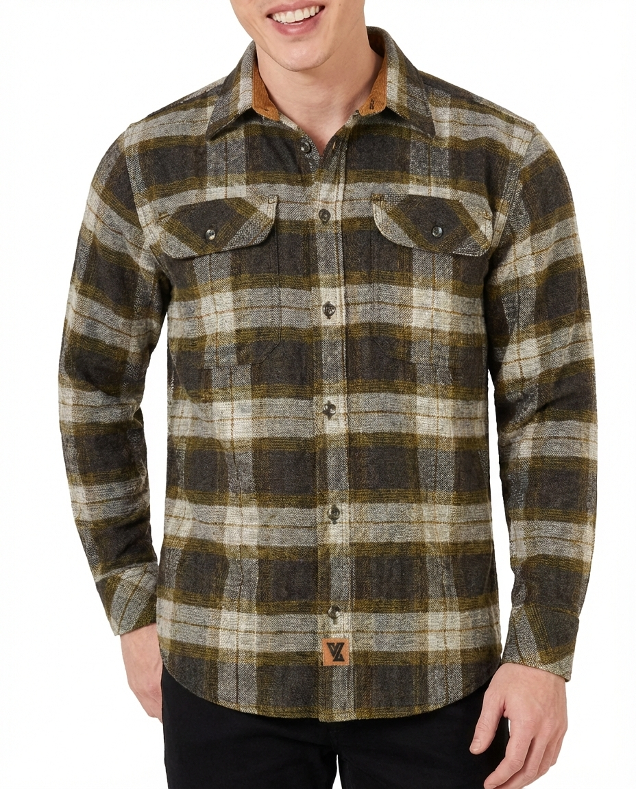 Tuscan Gold Men's Long Sleeve Plaid Button Down Casual Flannel Shirt - Pic