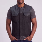 Mens Denim & Leather Motorcycle Vest with Dual CCW, SOA Biker Club Vest, Snap & Zipper Closure - front pose