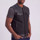 Mens Denim & Leather Motorcycle Vest with Dual CCW, SOA Biker Club Vest, Snap & Zipper Closure - side pose