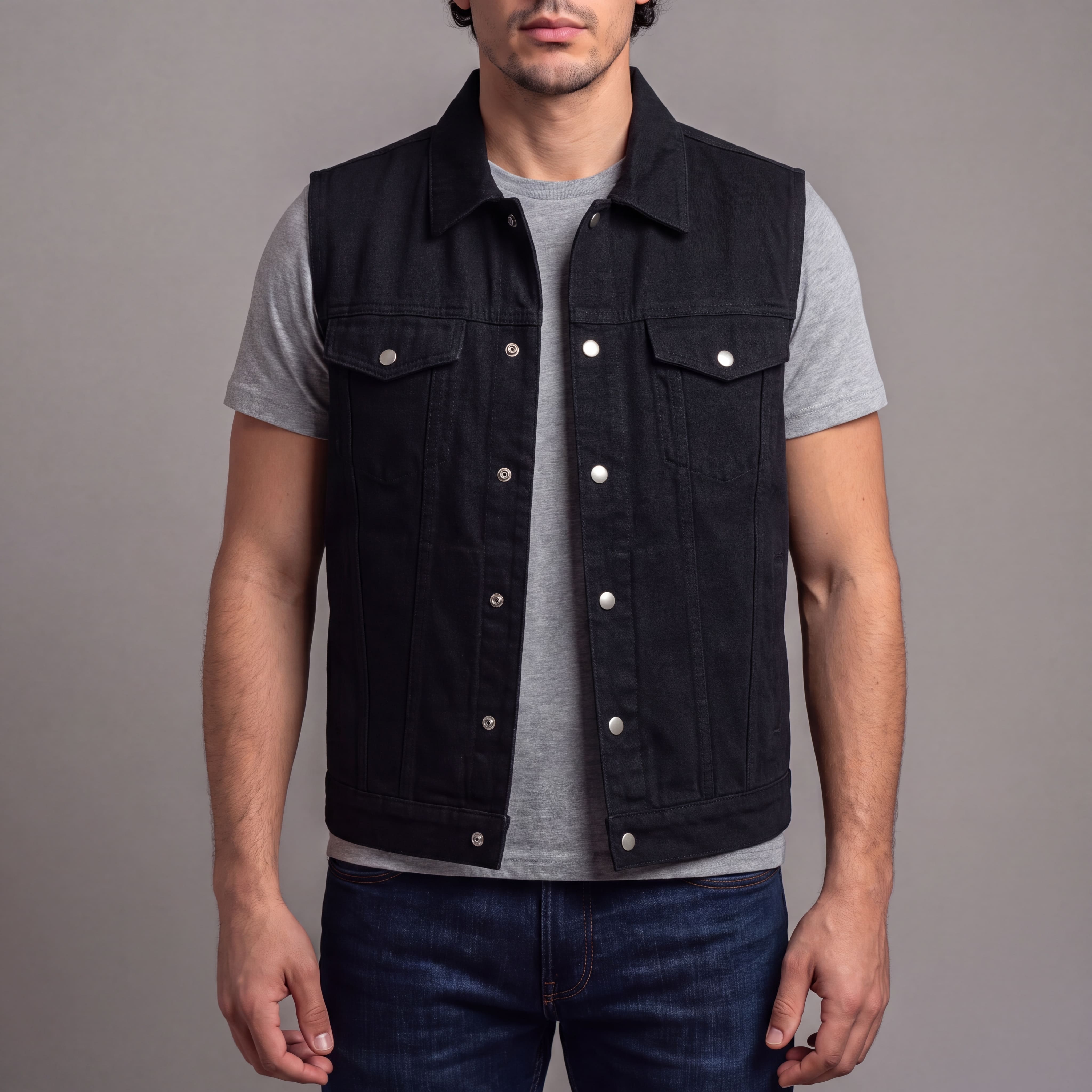 Vance Mens Black Jean Style Denim Motorcycle Vest - front pose