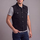 Vance Mens Black Jean Style Denim Motorcycle Vest - side pose