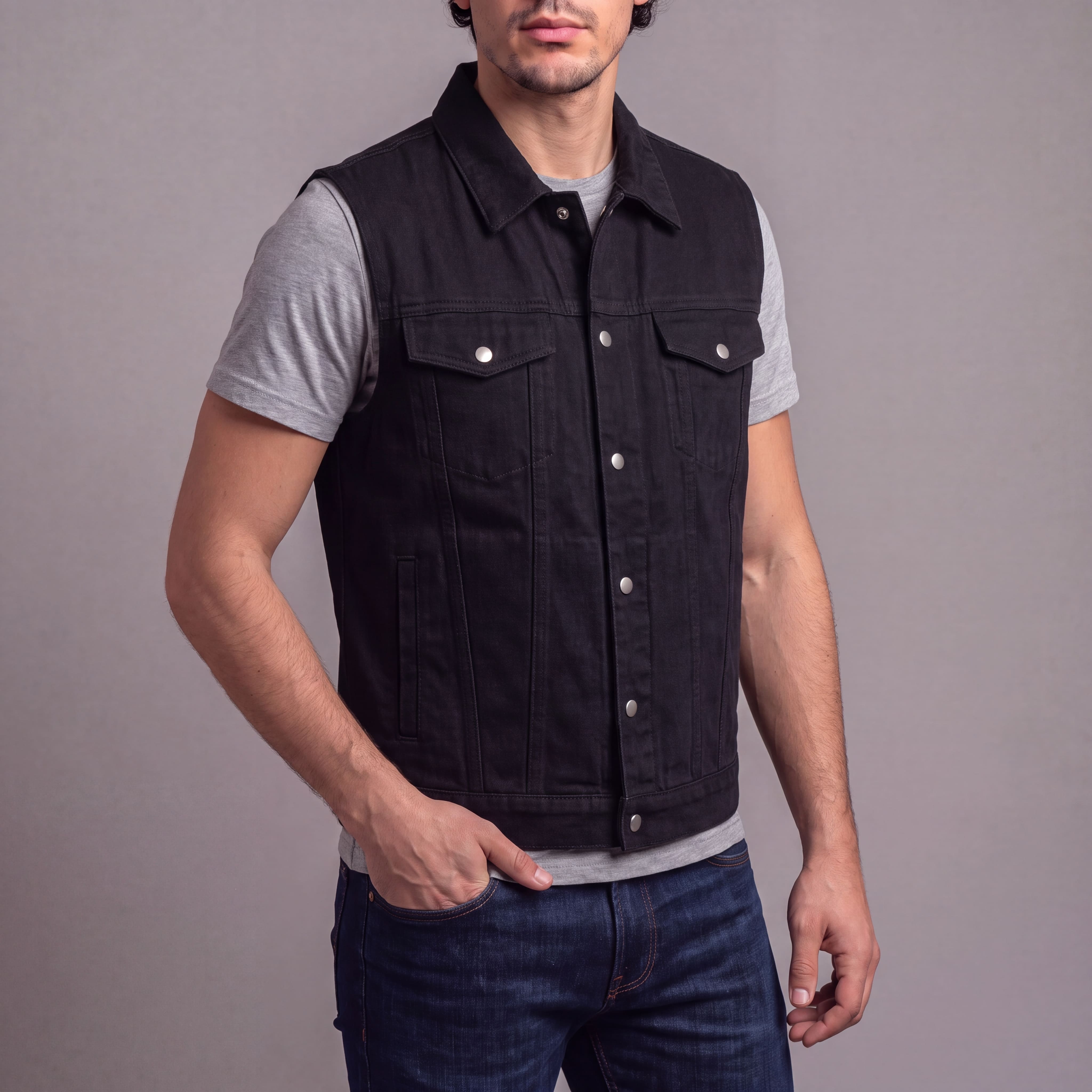 Vance Mens Black Jean Style Denim Motorcycle Vest - side pose