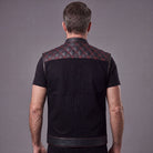 Men's Denim & Leather Motorcycle Vest with CCW Pockets and Red Stitching - Back Pose